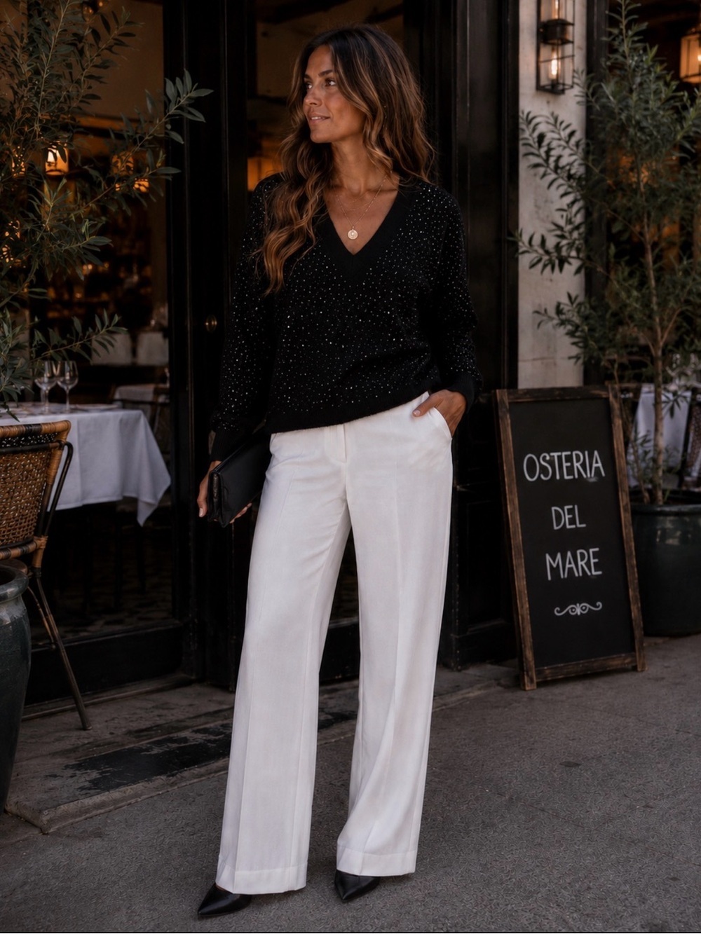 White House Black Market Black V-Neck Sweater with Black Sparkle